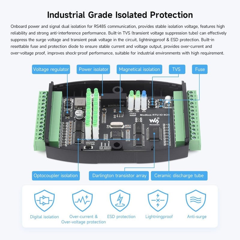 Waveshare Industrial 8-Ch Digital Input & Output Module, DC 7~36V Wide Voltage Power Supply, Modbus RTU Protocol, Multiple Isolation Protection Circuits, Rail-Mount Support - Image 4